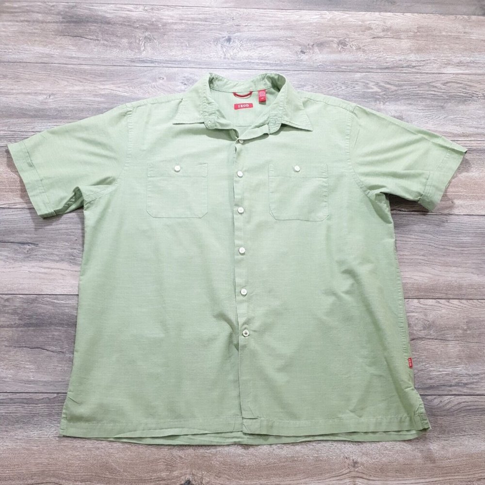 Izod Mens Large Short Sleeve Shirt Office Casual Dress Green Vacation Sport - Picture 1 of 9